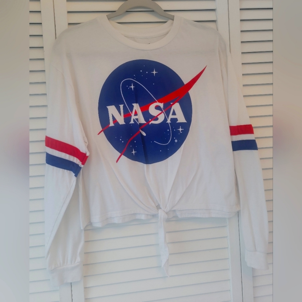 NASA graphic tie front crop top long sleeve shirt